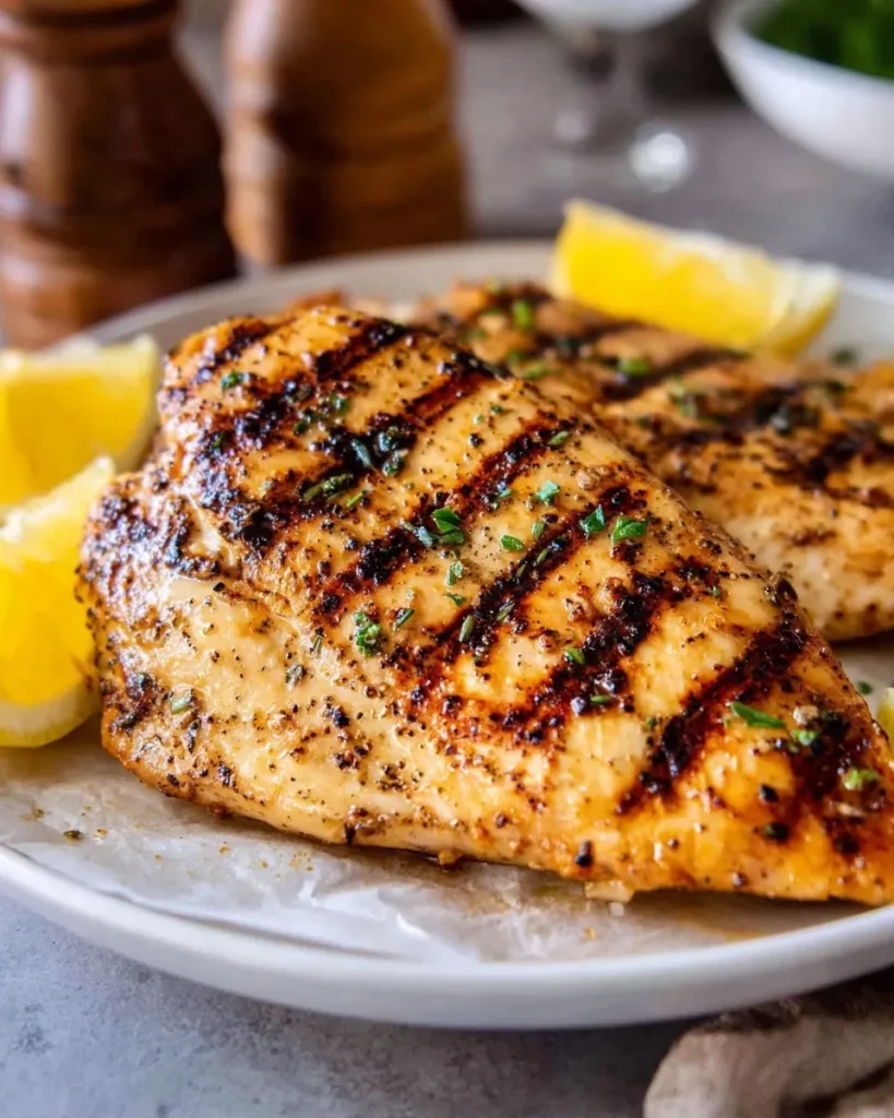 A close-up shot of a perfectly seared grilled chicken breast featuring deep, dark char marks and a golden-brown finish, garnished with fresh chopped herbs and served with bright yellow lemon wedges on a white plate lined with parchment paper.