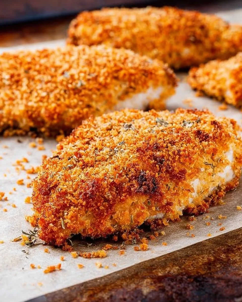Close-up of golden brown Crispy Oven-Baked Chicken Breasts resting on a parchment-lined baking sheet, topped with dried herbs and showing a crunchy panko texture.