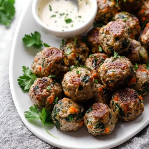 A platter of browned protein meatballs garnished with fresh parsley and served with a side of creamy ranch dipping sauce.