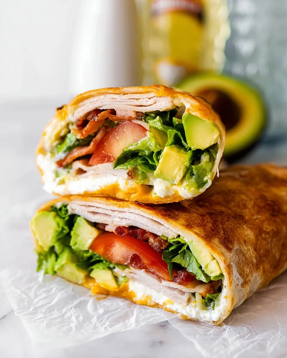 Close-up of stacked high-protein cottage cheese wrap halves filled with sliced turkey, crispy bacon, fresh avocado, lettuce, and tomato. The golden-brown wrap texture is visible and holds the fillings firmly.