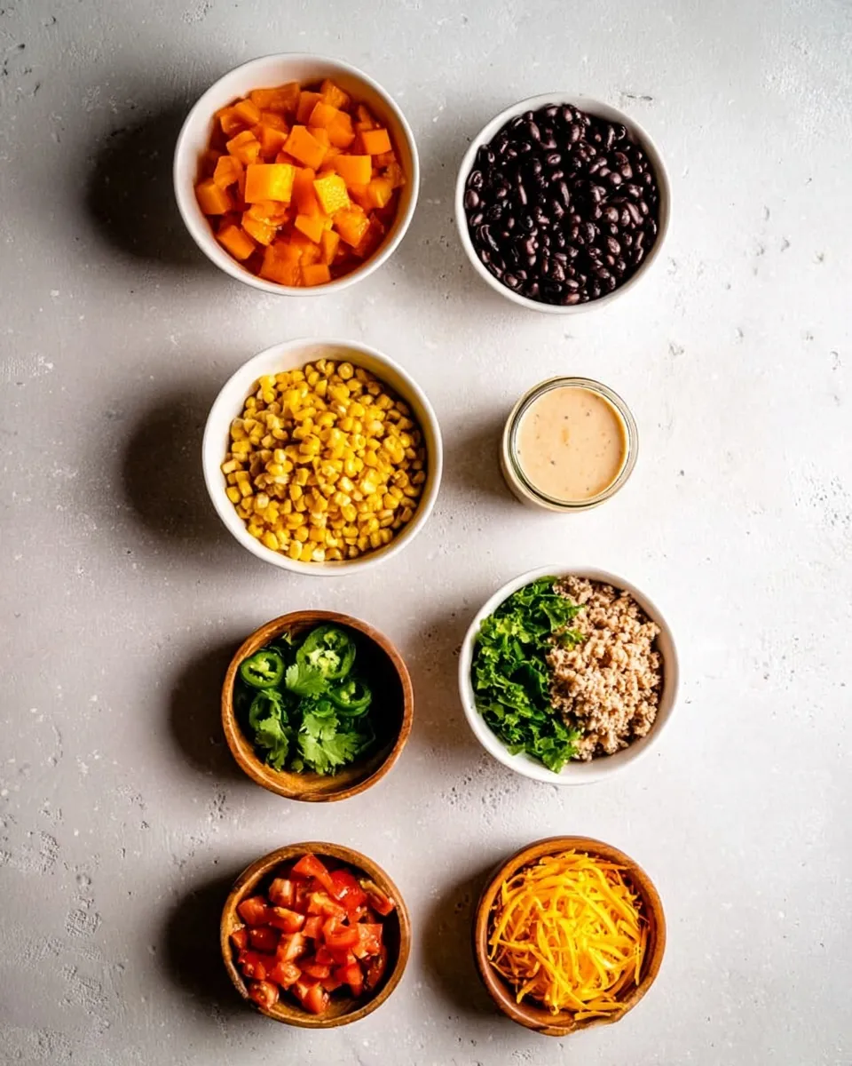 A flat lay photograph on a light gray textured surface showing eight small bowls of meal prep ingredients. The ingredients include cubed roasted sweet potatoes, black beans, corn, a small jar of creamy dressing, sliced jalapeños with cilantro, ground turkey with chopped kale, diced tomatoes, and shredded cheddar cheese.