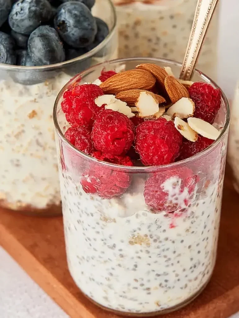 Close-up of a glass jar filled with creamy chia and protein overnight oats topped with fresh red raspberries and sliced almonds.