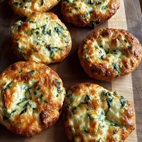 High-angle shot of six golden-brown spinach cottage cheese flagels arranged on a wooden cutting board. The bagels have a shiny, egg-washed crust with visible flecks of green spinach throughout.