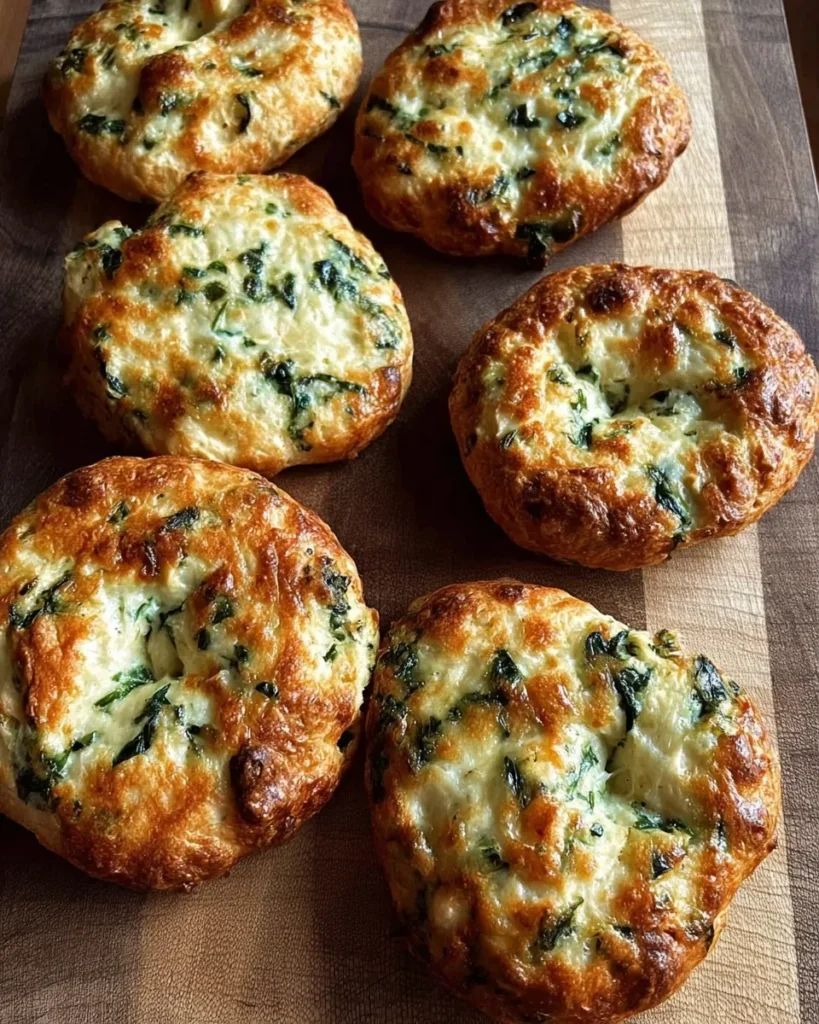 High-angle shot of six golden-brown spinach cottage cheese flagels arranged on a wooden cutting board. The bagels have a shiny, egg-washed crust with visible flecks of green spinach throughout.