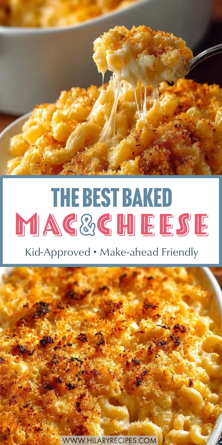 Baked Macaroni and Cheese Recipe pin Pinterest graphic for "The Best Baked Mac & Cheese." The top image features a close-up of a spoon lifting creamy pasta with a long, gooey cheese pull. The bottom image shows a baking dish with a golden-brown, bubbling crispy top. Text overlay reads: "Kid-Approved • Make-ahead Friendly."