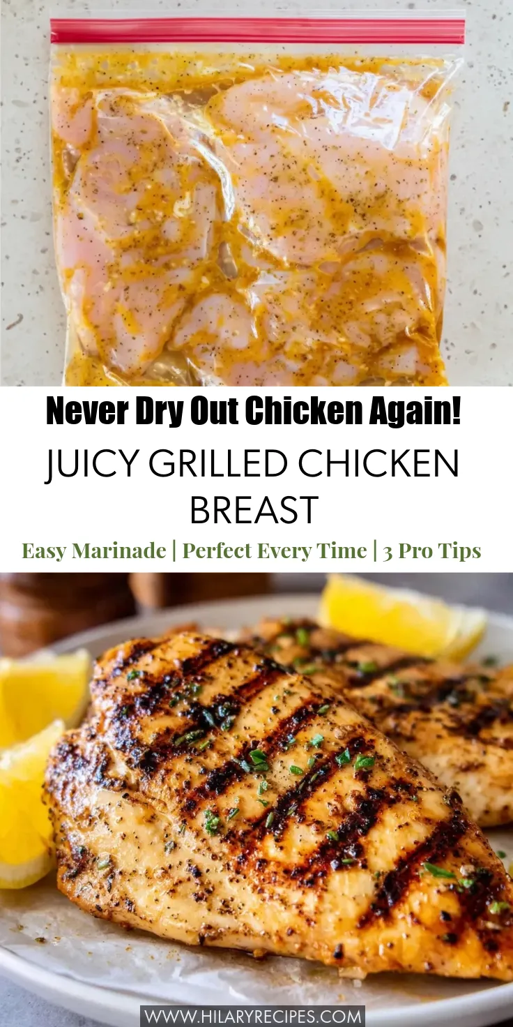 A vertical recipe collage featuring a top view of raw chicken marinating in a zip-top bag with herbs and oil, and a bottom view of succulent, perfectly grilled chicken breasts with char marks and lemon wedges on a white plate.