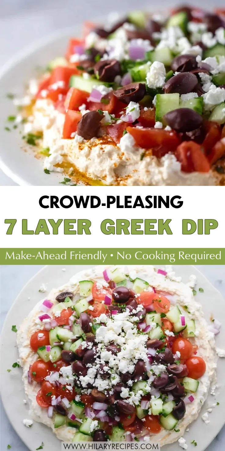 Layered Mediterranean Dip pin Pinterest graphic for Crowd-Pleasing 7 Layer Greek Dip featuring a close-up side view and a top-down view of the assembled appetizer, with text overlays highlighting "Make-Ahead Friendly" and "No Cooking Required."