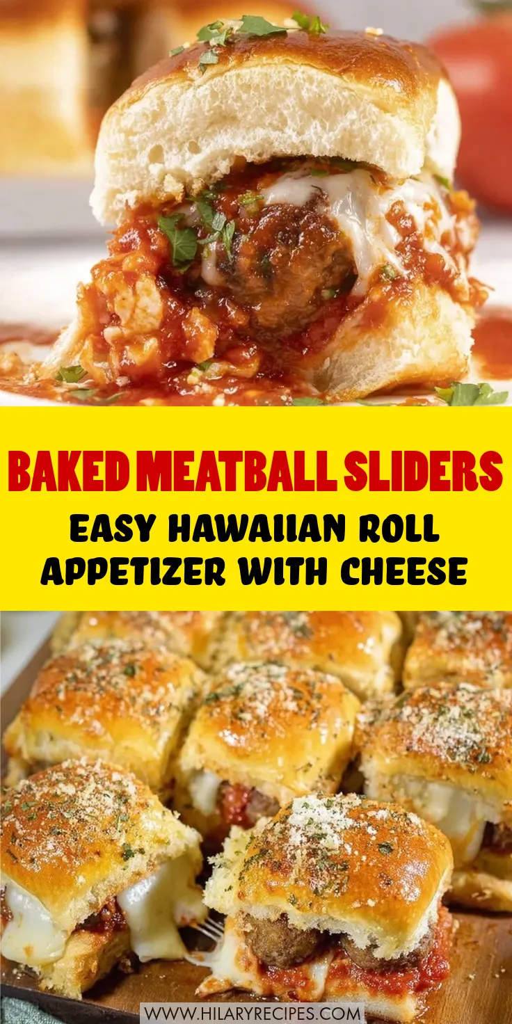 Meatball Sliders in the Oven pin A split image for meatball sliders in the oven. Top: A close-up of a single slider on a Hawaiian roll overflowing with marinara sauce and melted white cheese. Center: Bright yellow text banner reading "BAKED MEATBALL SLIDERS EASY HAWAIIAN ROLL APPETIZER WITH CHEESE." Bottom: A tray of golden-brown baked sliders topped with garlic butter and herbs.