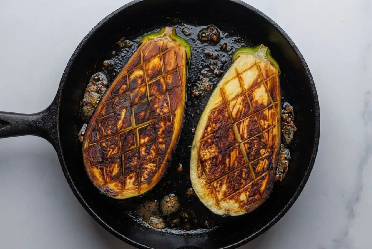 Top-down view of two eggplant halves cooking in a black cast iron skillet. The eggplants are positioned flesh-side up, revealing a golden-brown, seared surface with a distinct caramelized crosshatch pattern.
