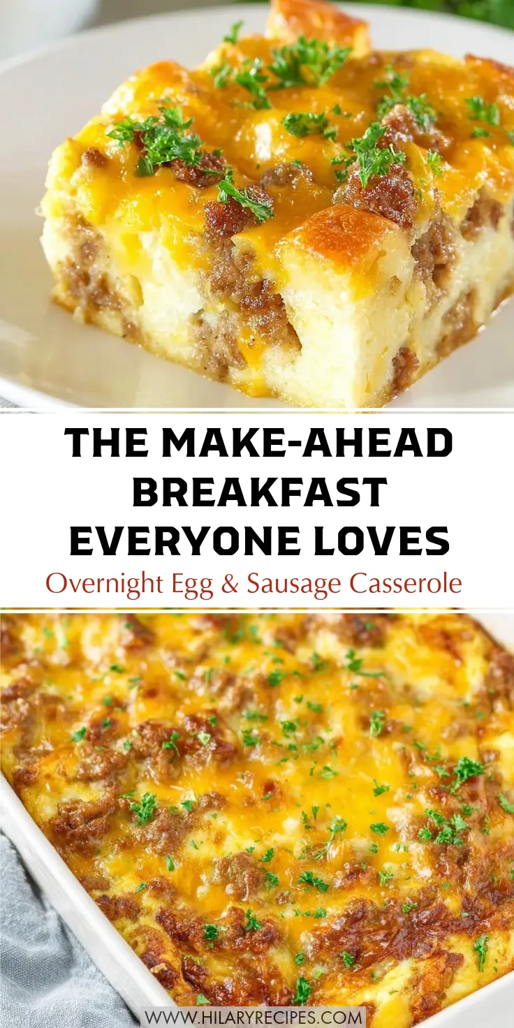Overnight Sausage Egg Breakfast Casserole pin Pinterest graphic featuring a close-up slice and a full 9x13 baking dish of overnight sausage egg breakfast casserole. The golden-brown egg bake is loaded with cubed bread, crumbled sausage, melted cheddar cheese, and topped with fresh parsley. Text overlay reads: "The Make-Ahead Breakfast Everyone Loves: Overnight Egg & Sausage Casserole."