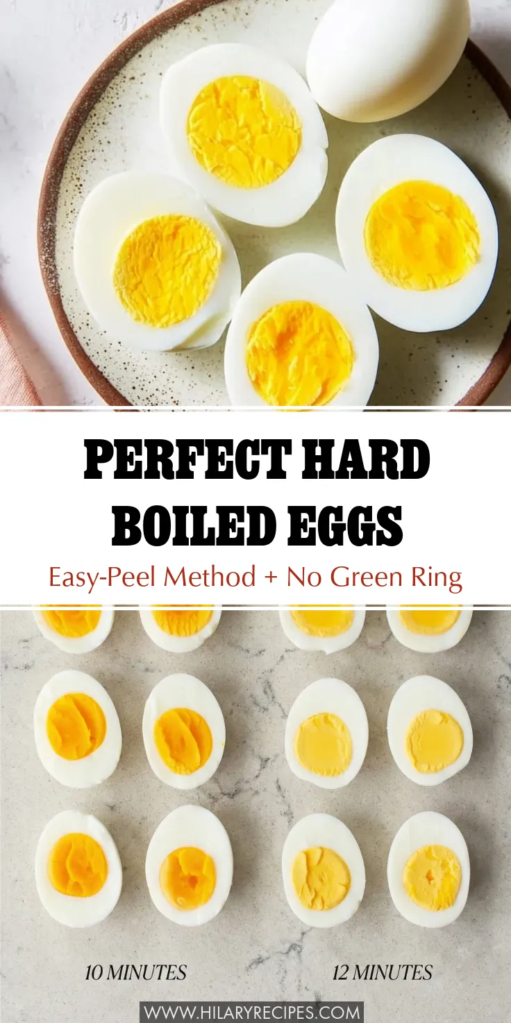 Perfect Hard Boiled Eggs pin Vertical Pinterest pin design with the title "Perfect Hard Boiled Eggs: Easy-Peel Method + No Green Ring." The graphic features a plate of sliced eggs at the top and a timing comparison guide for 10-minute vs. 12-minute yolks at the bottom.