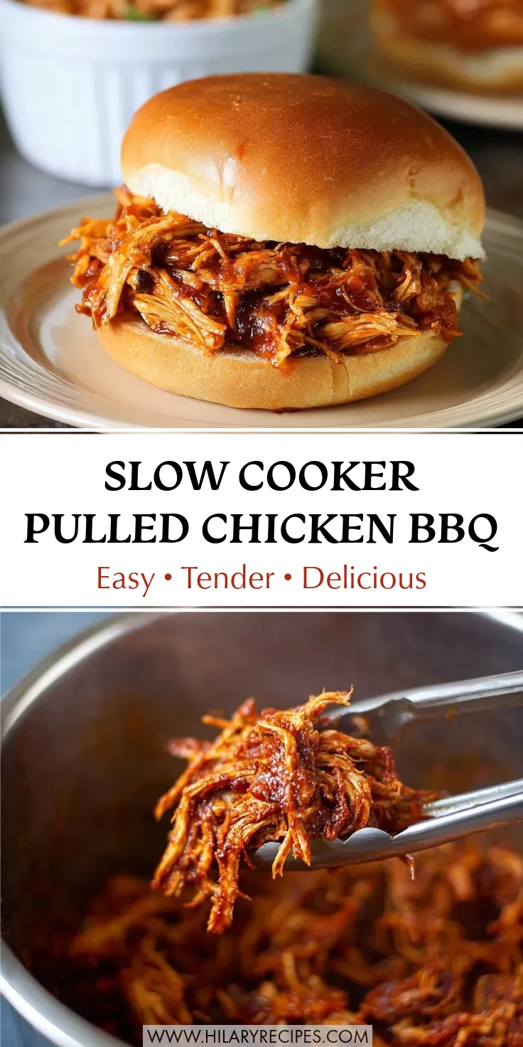 Pulled Chicken BBQ Sandwiches pin A Pinterest-style collage image featuring a close-up of a saucy BBQ pulled chicken sandwich on a soft bun (top) and metal tongs lifting tender, shredded chicken from a pot (bottom), with text overlay reading "Slow Cooker Pulled Chicken BBQ: Easy, Tender, Delicious."