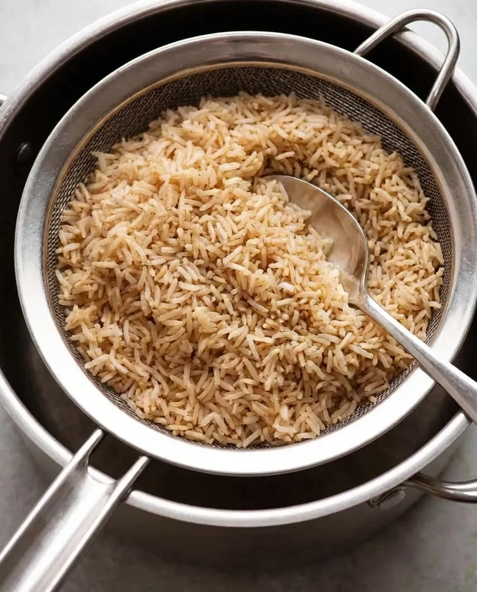 Cooked brown rice draining in a large fine-mesh sieve set over a stainless steel pot, with a silver spoon resting in the fluffy, separated grains.