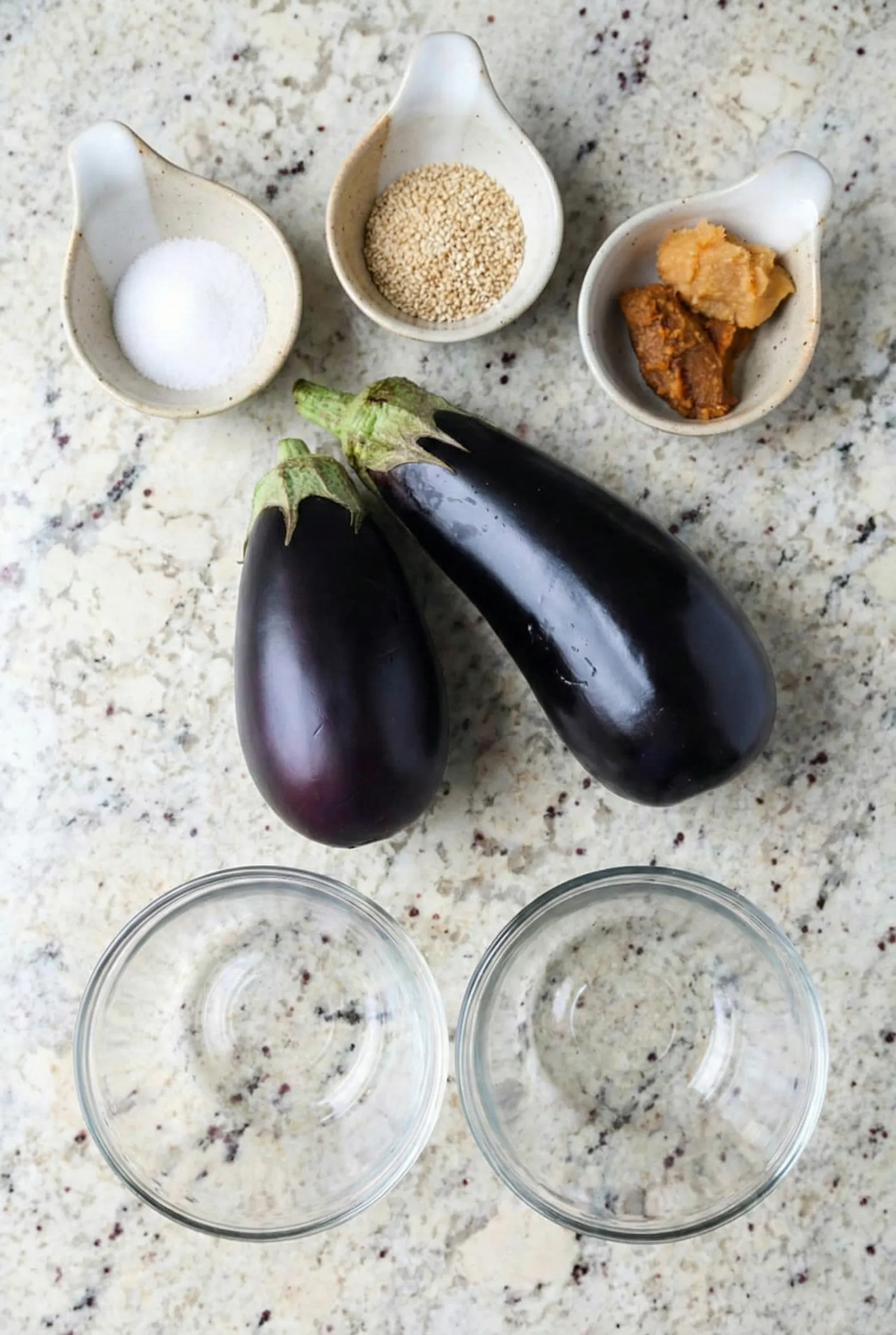 Flat lay view of the ingredients for Miso Glazed Eggplant. Two fresh purple eggplants sit in the center, surrounded by small bowls containing miso paste, granulated sugar, sesame seeds, and clear liquids (mirin and sake) on a speckled countertop.