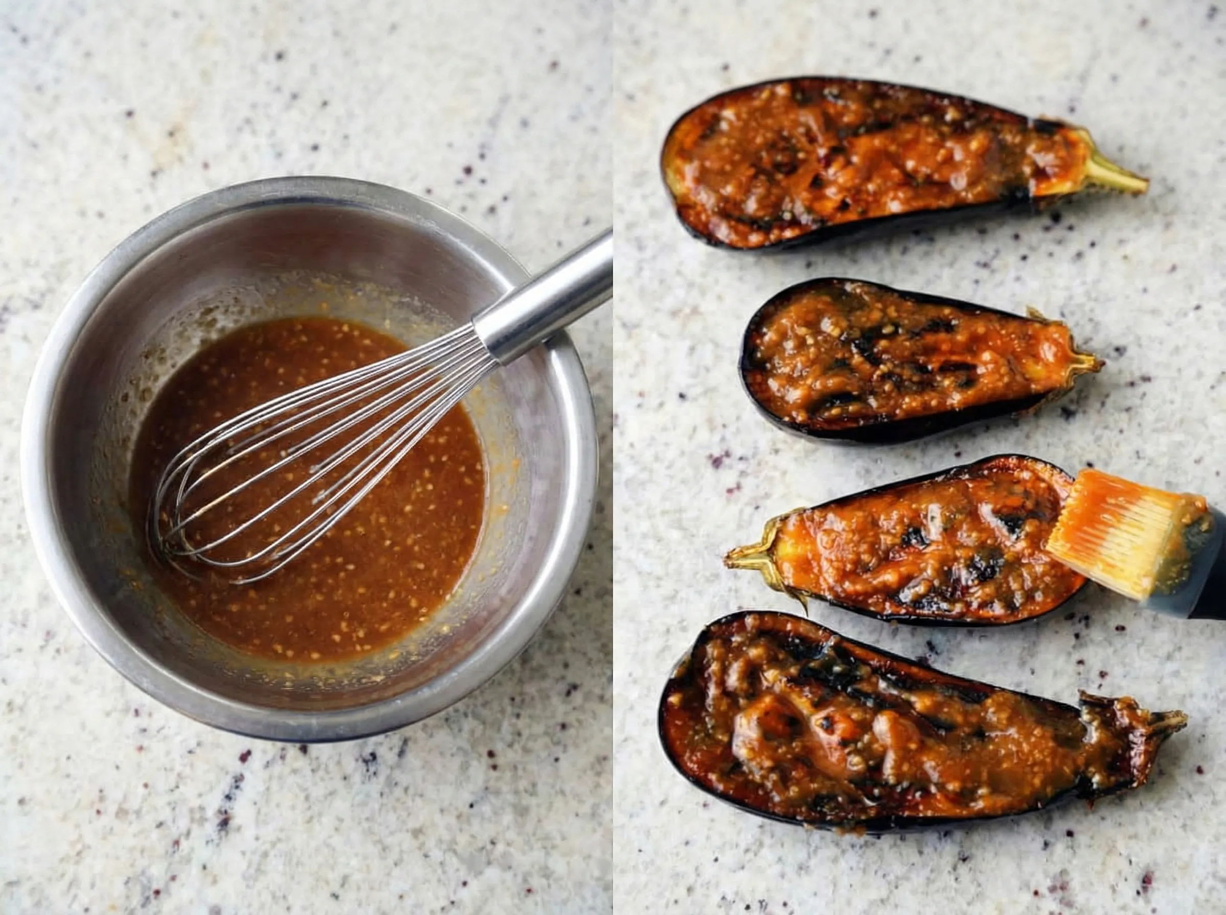 A split image showing the miso glaze preparation. On the left, a metal bowl contains the whisked brown miso sauce. On the right, four cooked eggplant halves are being generously coated with the glaze using a silicone pastry brush.