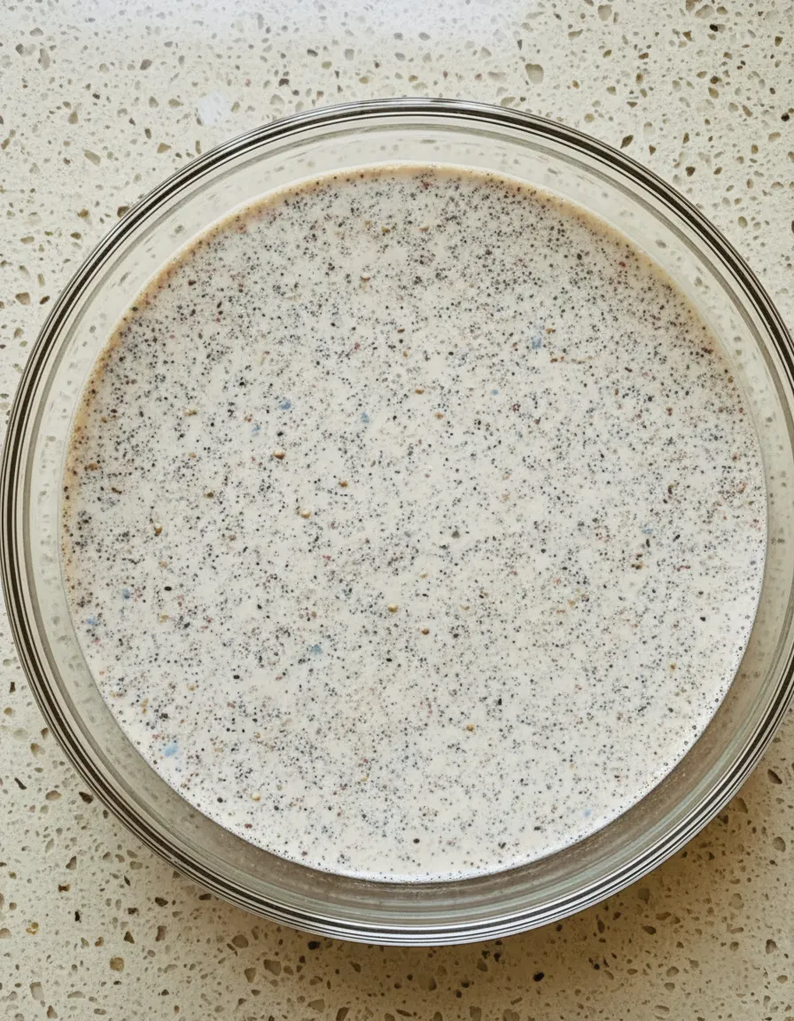 Top-down view of a large glass mixing bowl filled with a creamy, well-combined high-protein overnight oats base mixture. The mixture is speckled with chia seeds and hemp hearts, showing a smooth, liquid consistency ready for refrigeration.