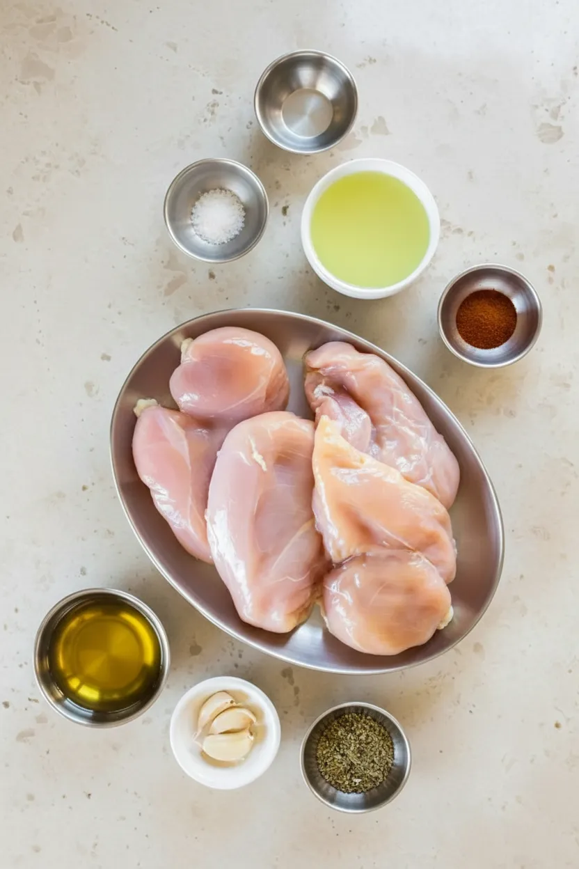 An organized overhead shot of raw chicken breasts in a stainless steel bowl surrounded by individual inox prep bowls containing olive oil, fresh lemon juice, garlic cloves, dried oregano, chili powder, salt, and pepper on a light beige granite countertop.