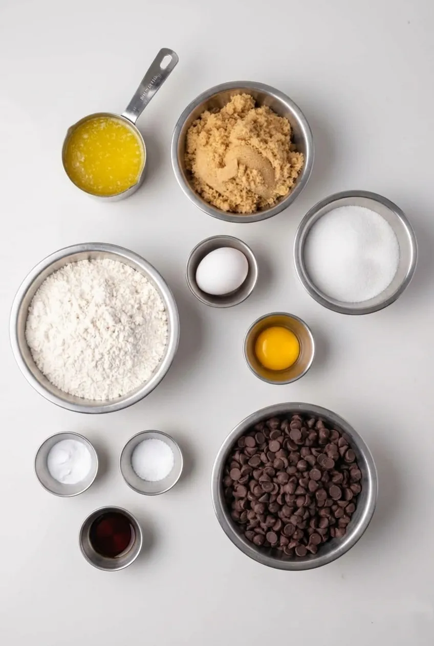 Overhead flat-lay shot of baking ingredients arranged on a white surface, including bowls of flour, melted butter, brown sugar, granulated sugar, eggs, vanilla extract, and a large bowl of chocolate chips.