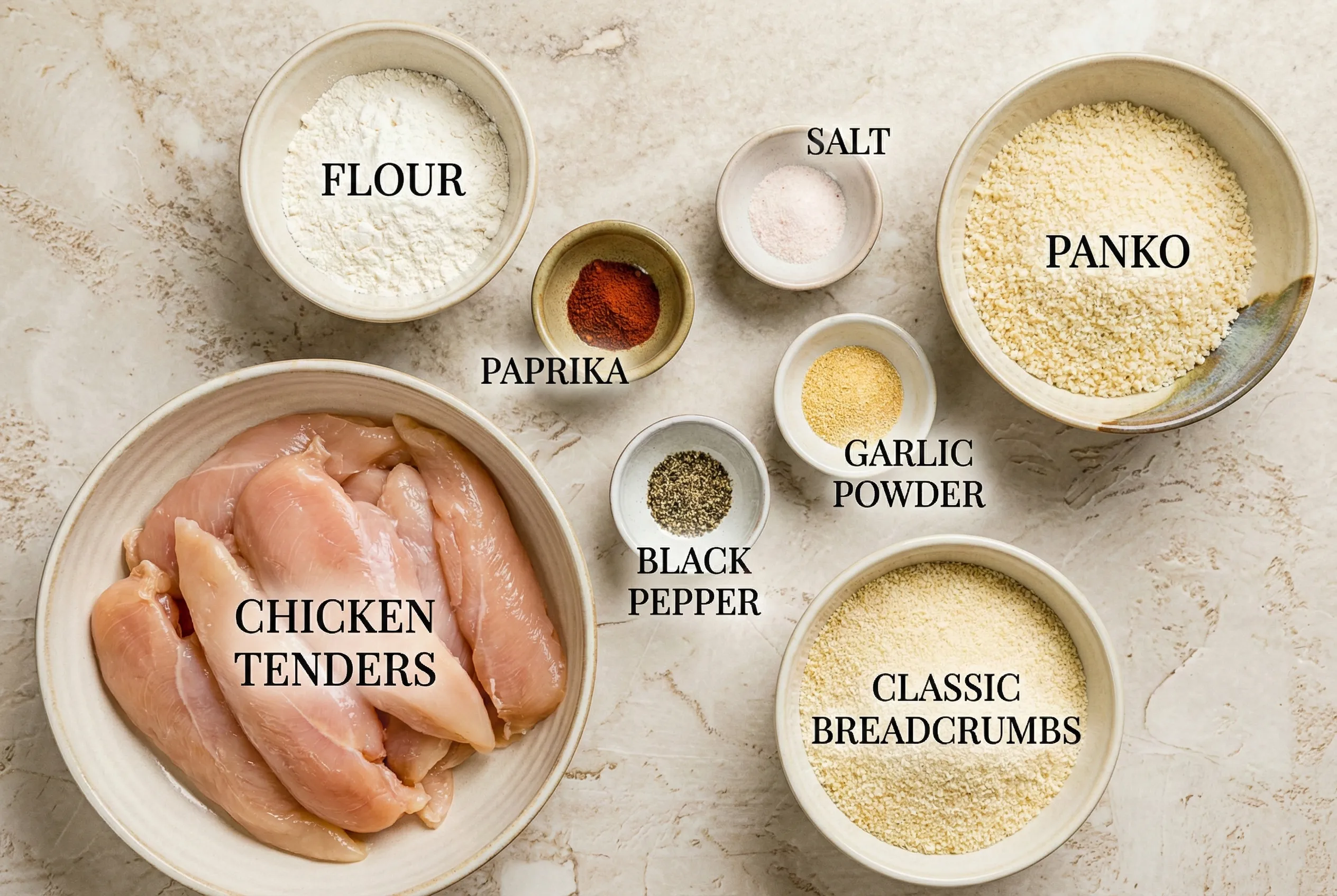 Overhead flat lay shot of the ingredients for baked chicken tenders labeled in bowls: flour, salt, panko, paprika, raw chicken tenders, black pepper, garlic powder, and classic breadcrumbs.