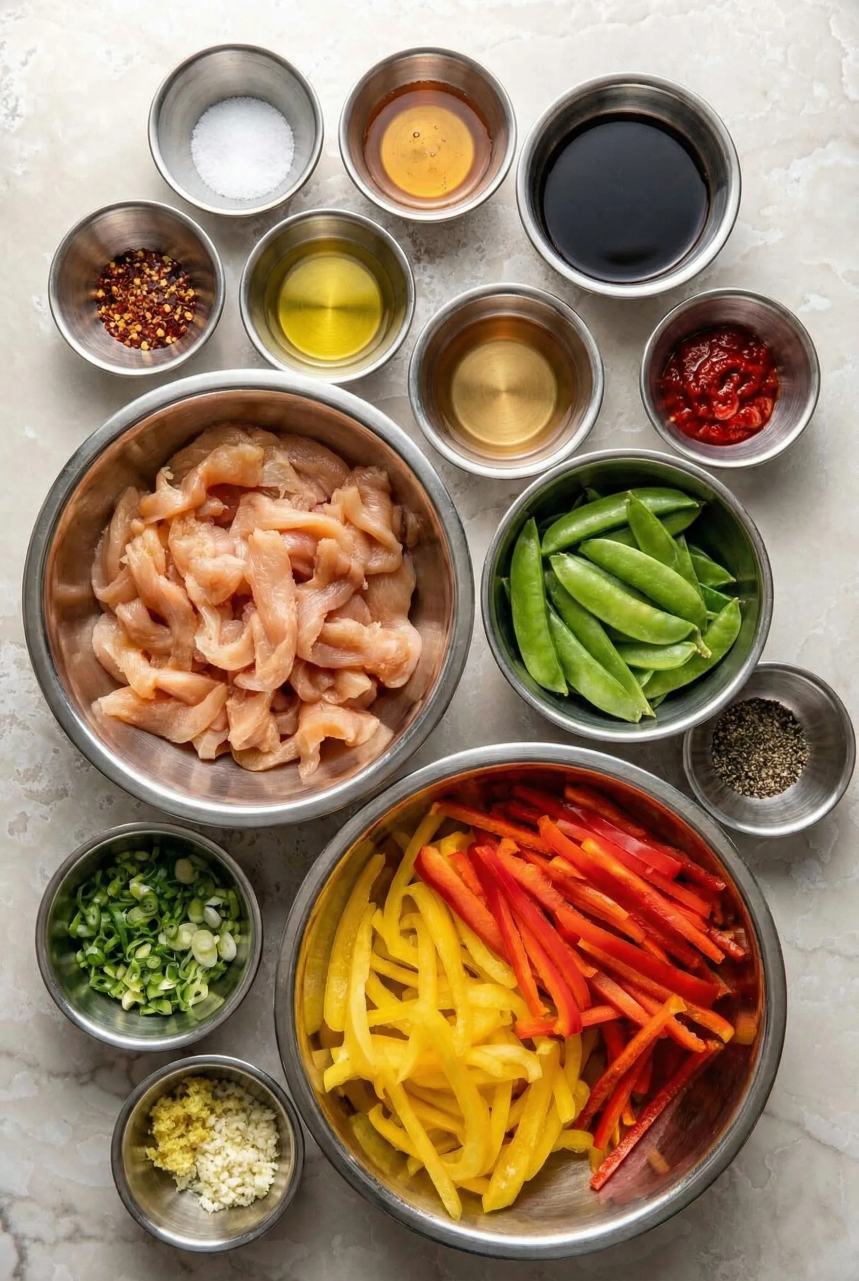 Flat lay overhead view of meal prep bowls containing raw chicken strips, sliced red and yellow bell peppers, snap peas, chopped green onions, minced ginger and garlic, and various sauce ingredients like soy sauce, honey, and tomato paste.