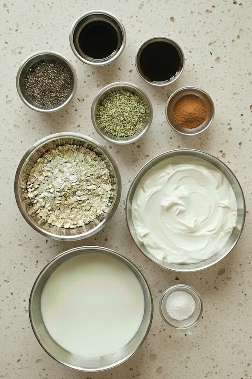 Overhead shot of metal bowls containing high-protein overnight oats base ingredients: rolled oats, Greek yogurt, milk, chia seeds, hemp hearts, cinnamon, vanilla extract, maple syrup, and salt.