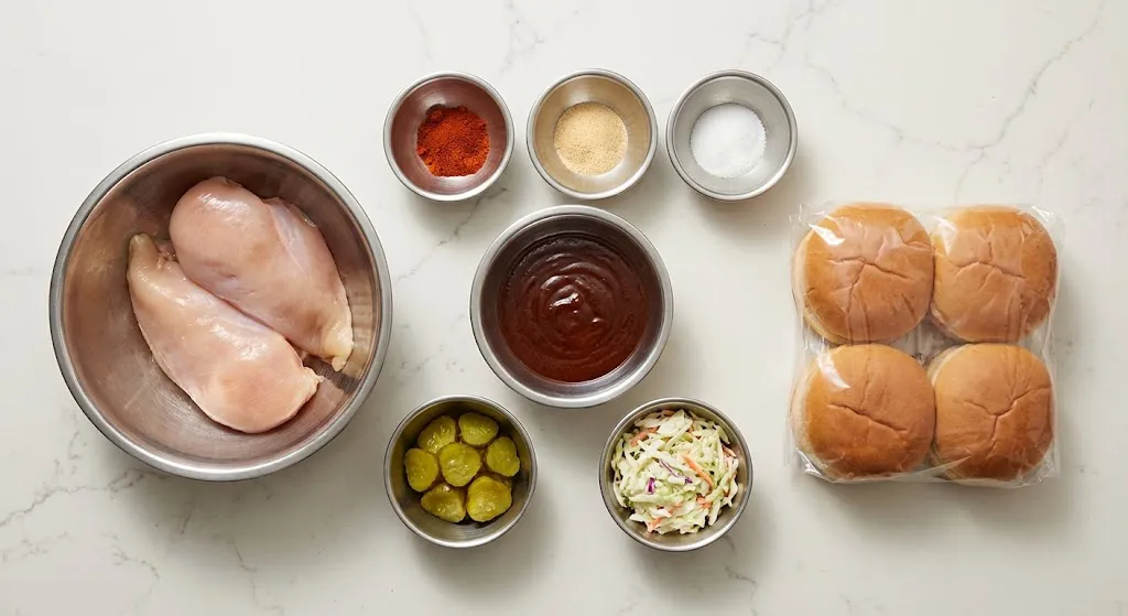 ingredients for Instant Pot BBQ chicken sandwiches A flat lay of ingredients for Instant Pot BBQ chicken sandwiches on a white marble counter, including raw chicken breasts, a bowl of BBQ sauce, small bowls of spices, pickles, coleslaw, and a package of hamburger buns.