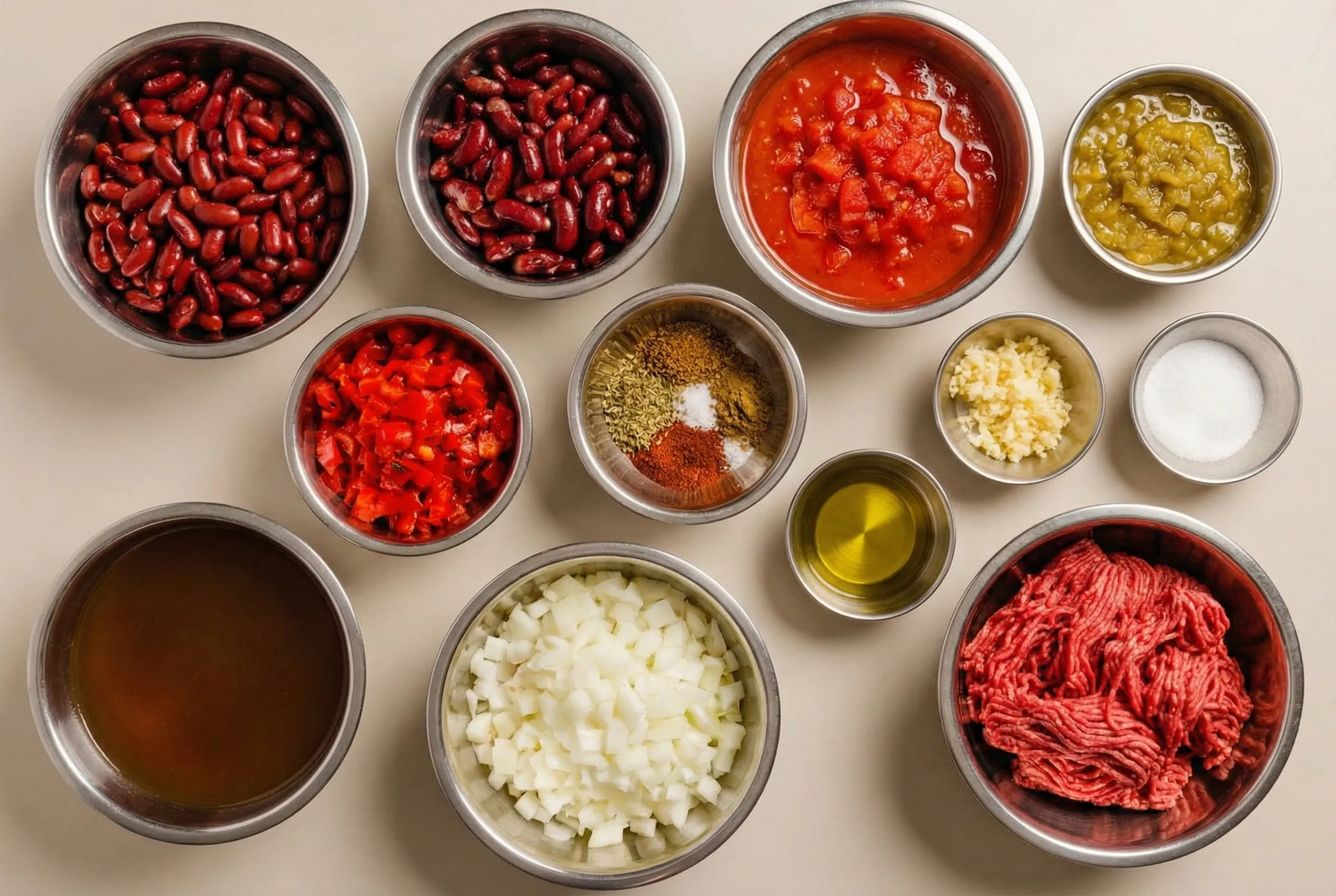 An overhead flat-lay shot of the ingredients for an easy chili recipe arranged in stainless steel bowls. The display includes raw ground beef, diced onions, kidney beans, fire-roasted tomatoes, beef broth, and a blend of spices on a neutral background.