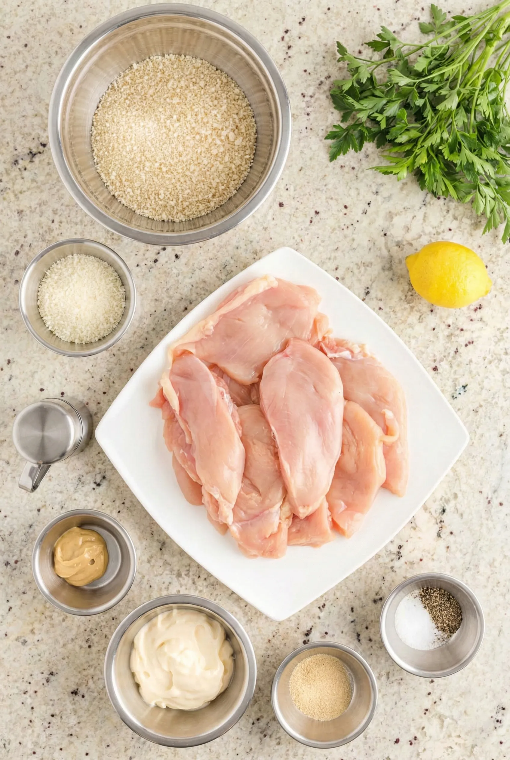 Overhead view of ingredients for crispy chicken breast including raw chicken, panko breadcrumbs, spices, fresh parsley, lemon, and mayonnaise on a speckled countertop.