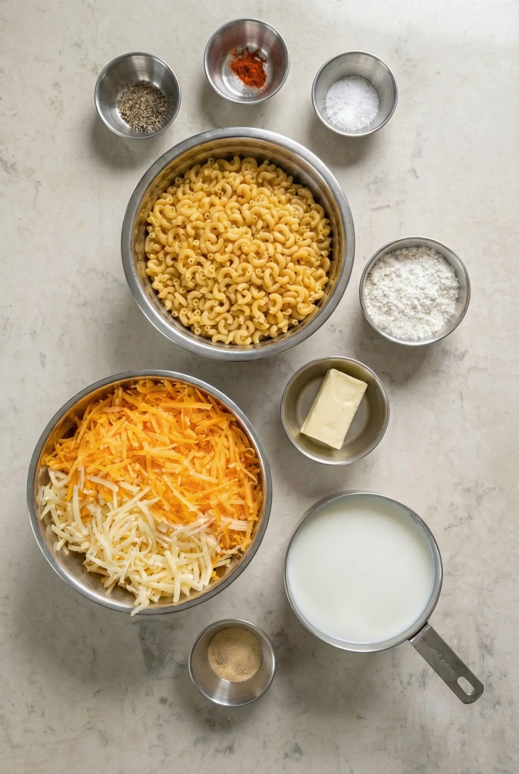 ingredients for baked macaroni and cheese An overhead flat lay of ingredients for baked macaroni and cheese arranged on a marble counter. The spread includes a bowl of dry elbow macaroni, mixed shredded cheddar and Gruyère cheese, milk, butter, flour, and small bowls of spices like paprika, salt, and pepper.