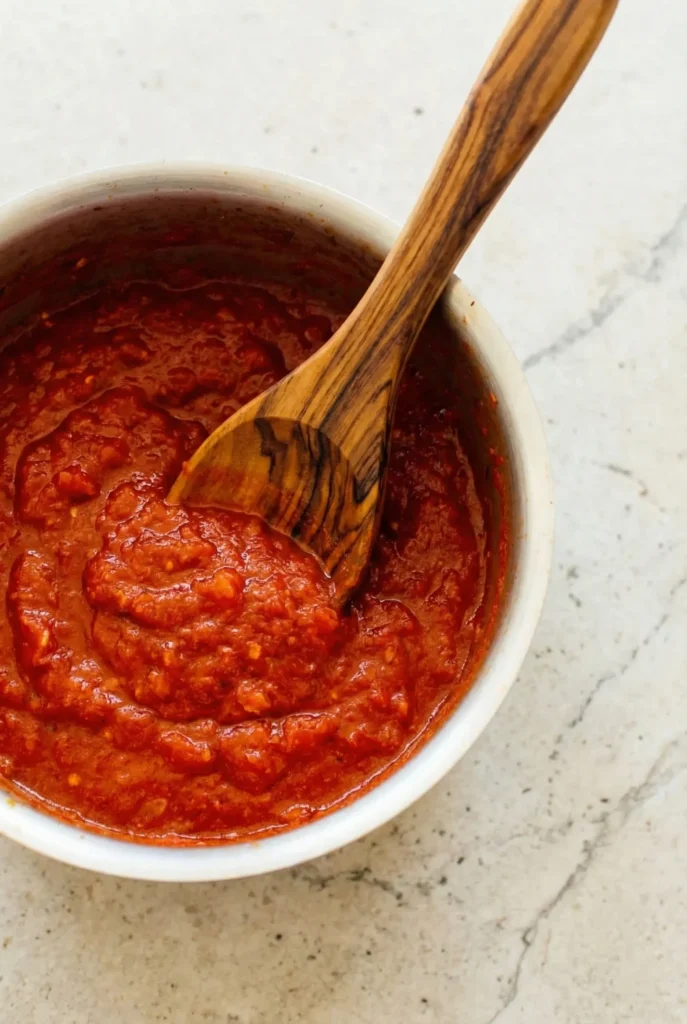 Top-down view of a white bowl filled with thick, vibrant red homemade tomato sauce made from canned tomatoes, with a rustic wooden spoon resting inside against a light marble countertop.