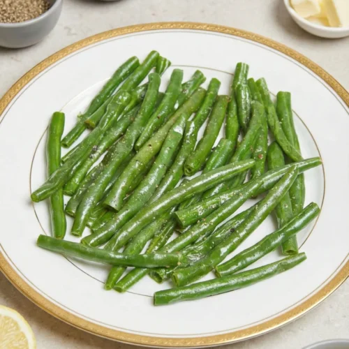 A white dinner plate with a gold rim holding glossy microwave steamed green beans seasoned with black pepper, surrounded by small prep bowls containing salt, pepper, butter cubes, and fresh lemon halves.