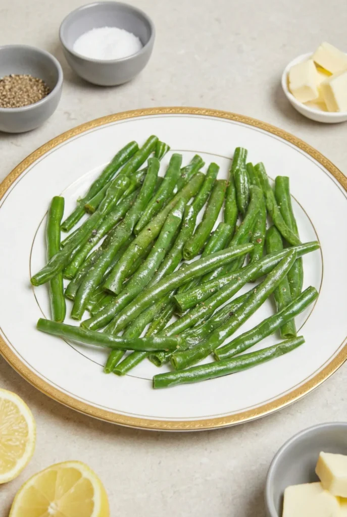 A white dinner plate with a gold rim holding glossy microwave steamed green beans seasoned with black pepper, surrounded by small prep bowls containing salt, pepper, butter cubes, and fresh lemon halves.