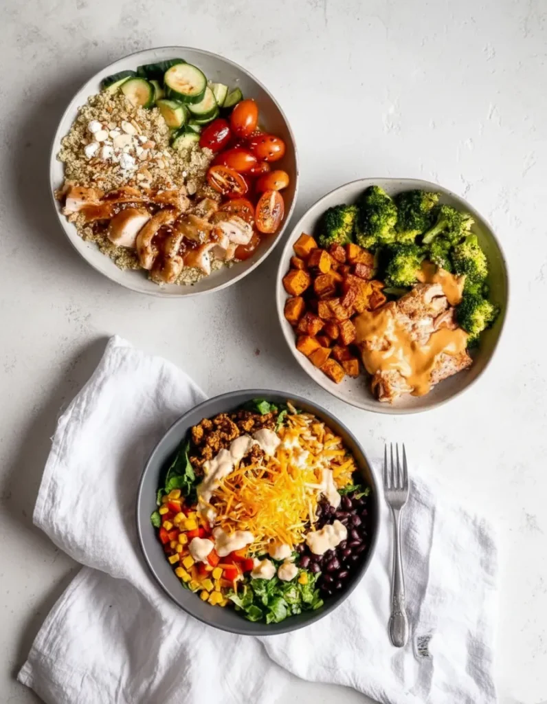 Top-down photograph of three different assembled protein power bowls arranged on a light gray surface. The top-left bowl features quinoa, sliced chicken with dark glaze, tomatoes, and cucumbers; the top-right bowl contains roasted sweet potatoes, broccoli, and salmon topped with a creamy orange sauce; and the bottom bowl is a Tex-Mex style mix with black beans, corn, greens, shredded cheese, and a creamy drizzle.