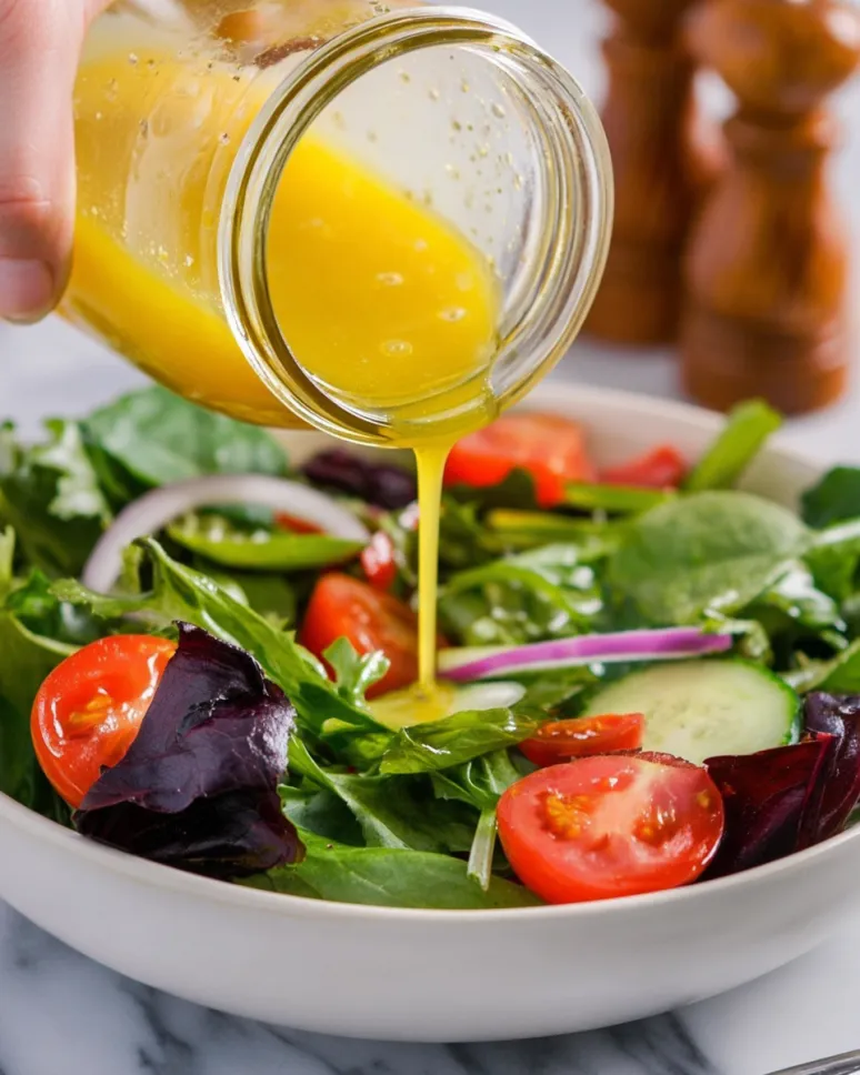 A close-up action shot of a hand pouring golden homemade vinaigrette from a glass jar onto a fresh salad bowl filled with mixed greens, sliced cucumbers, red onions, and cherry tomatoes.