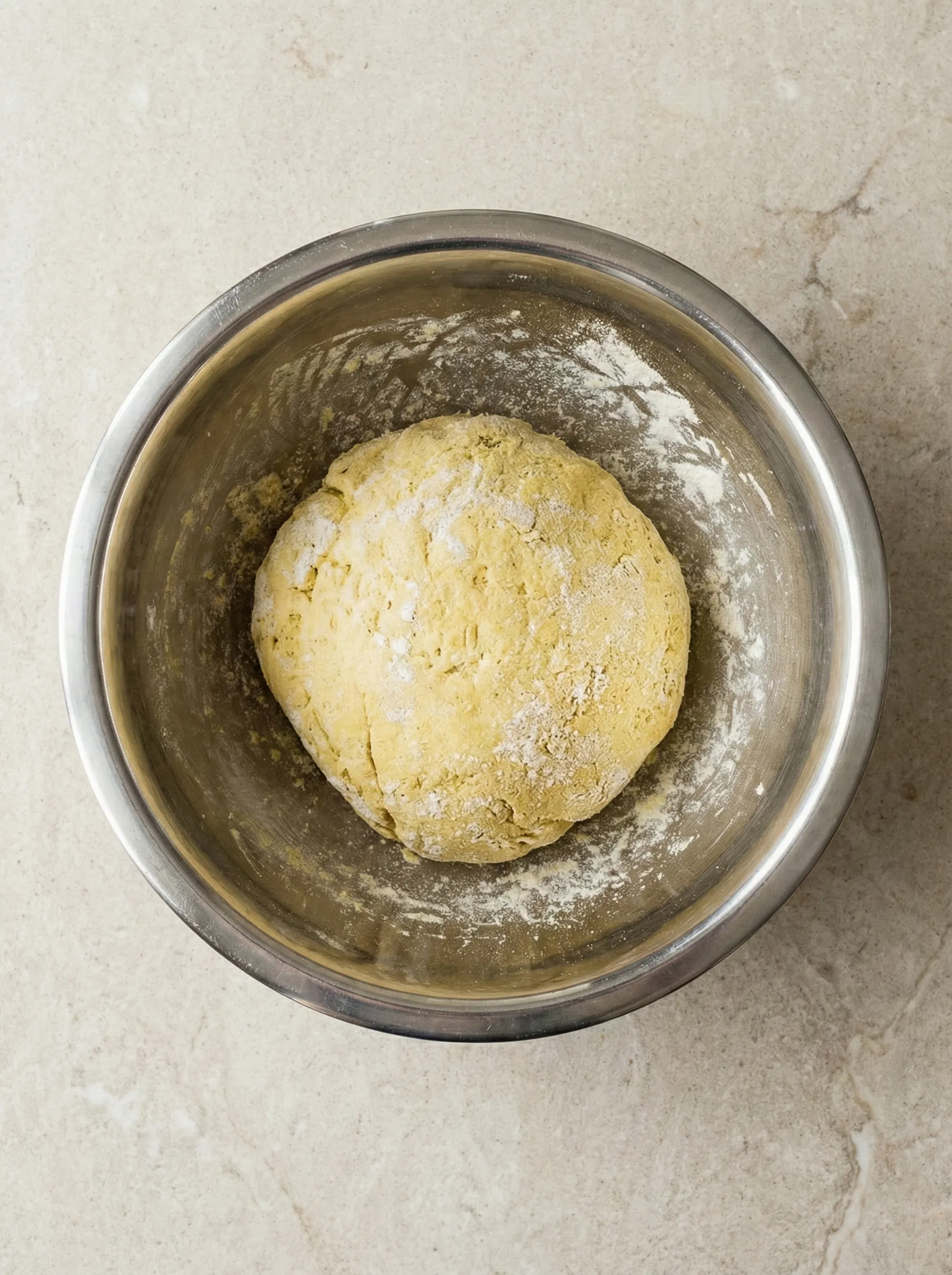 Top-down view of mixed 2-ingredient bagel dough forming a ball in a stainless steel mixing bowl.