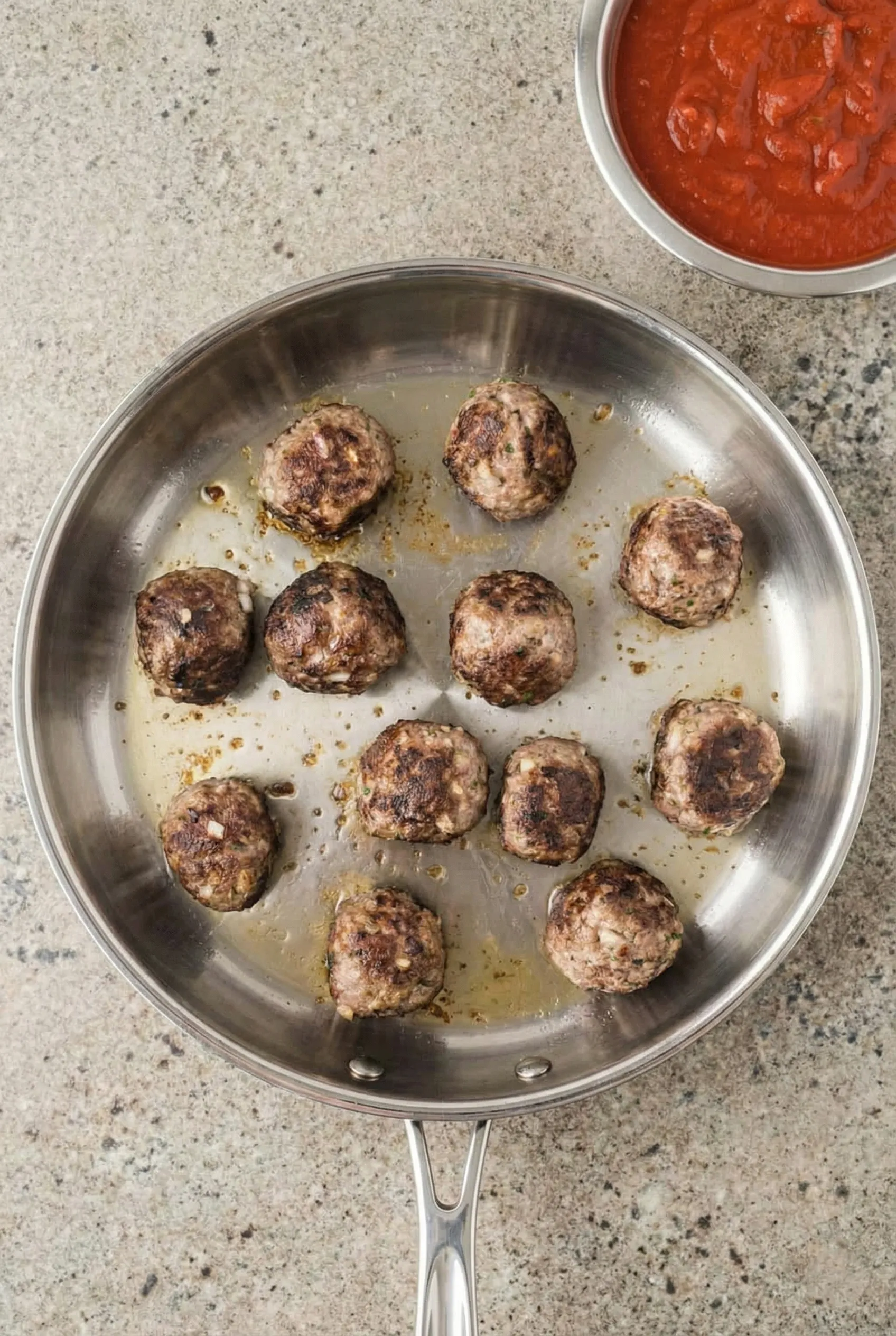 browned meatballs sizzling A top-down view of browned meatballs sizzling in a stainless steel skillet on a speckled countertop, sitting next to a glass bowl filled with bright red marinara sauce.