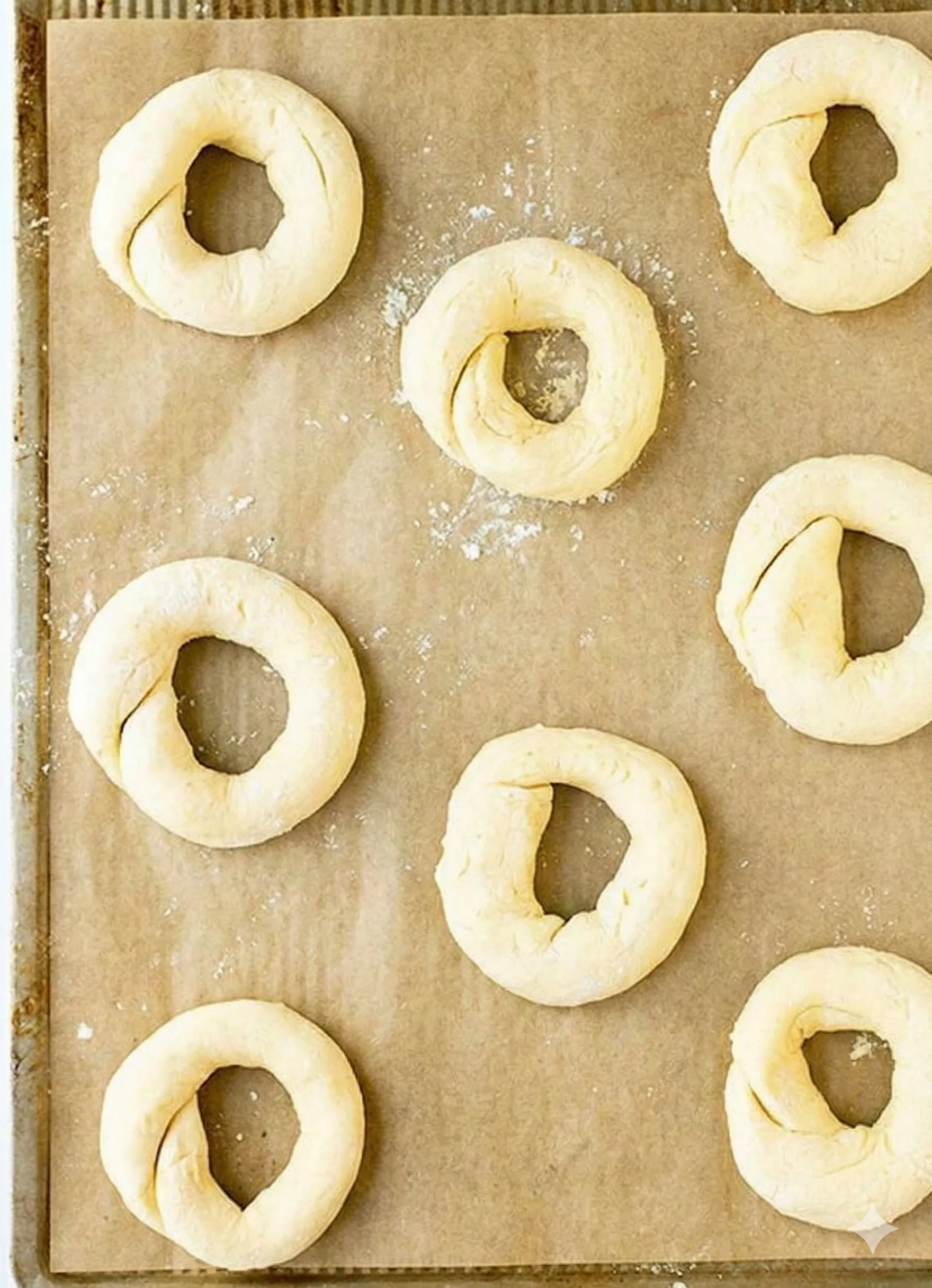 Top-down view of unbaked 2-ingredient bagel dough rings arranged on a parchment-lined baking sheet.