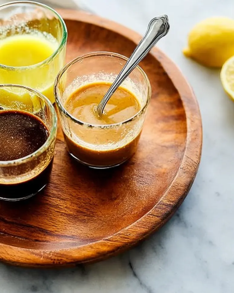 Top-down view of three different vinaigrette variations in small glasses on a wooden tray, including a dark balsamic, a bright lemon, and a creamy mustard dressing with a silver spoon.