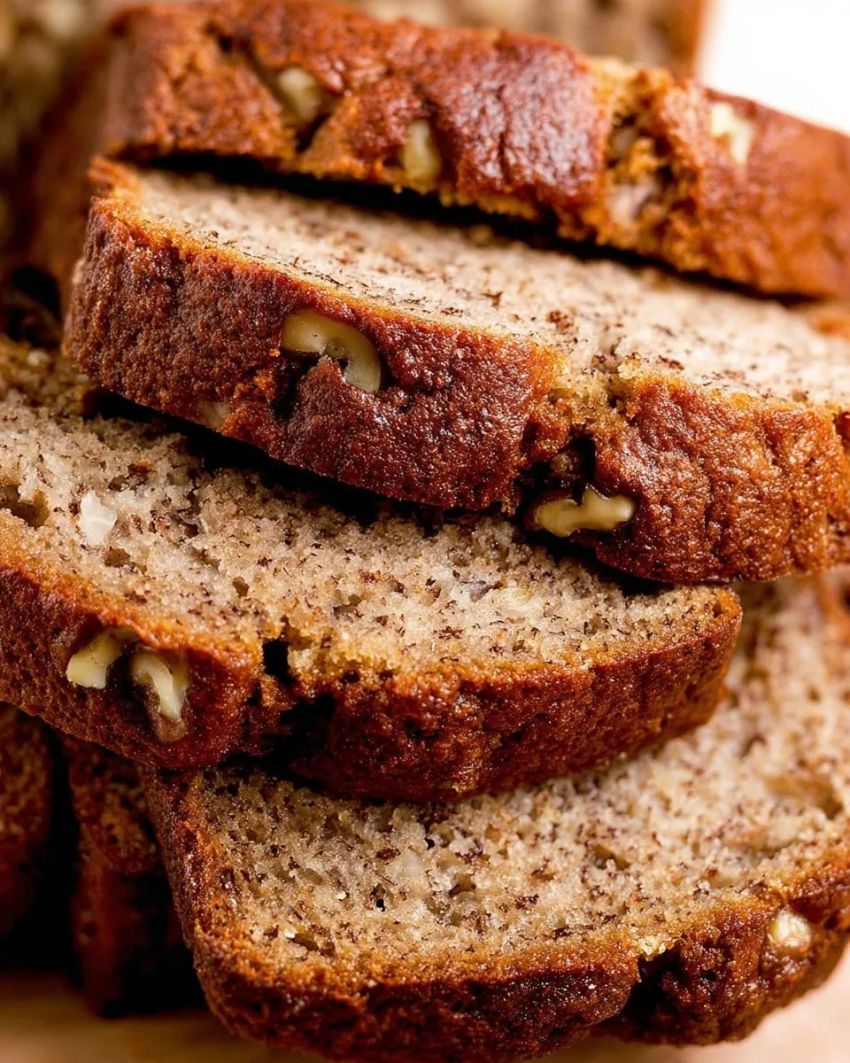 Close-up stack of moist flexible banana bread slices filled with crunchy walnuts.