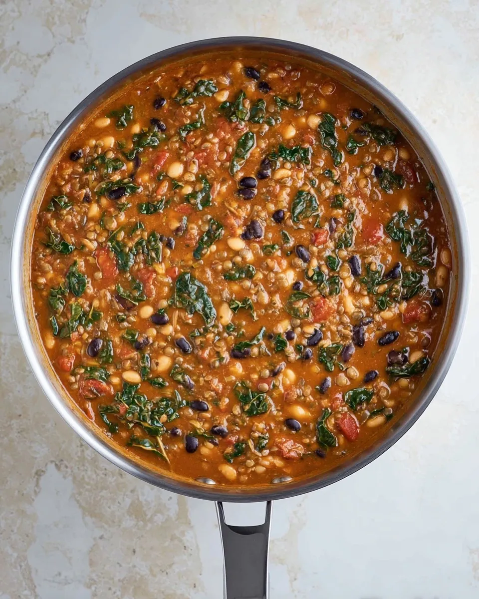 A top-down view of a large stainless steel pot filled with a thick, simmering bean and lentil chili, featuring visible black beans, white beans, lentils, diced tomatoes, and wilted green kale.