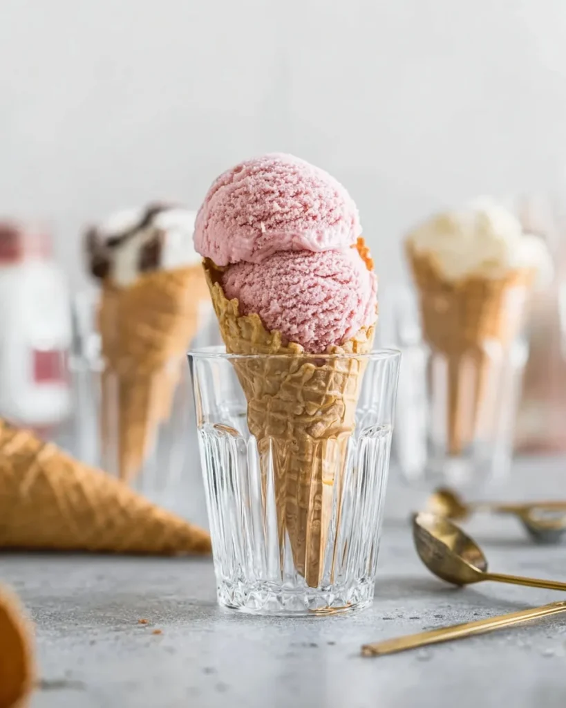 A double scoop of pink strawberry no-churn ice cream in a crisp waffle cone, propped up inside a clear ribbed glass on a grey surface, with gold dessert spoons scattered nearby.