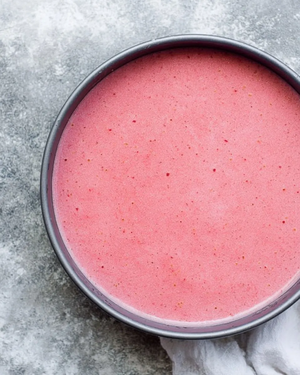 Top-down view of a springform pan filled with vibrant pink, smooth strawberry cashew cheesecake filling. Tiny strawberry seeds are visible on the surface, set against a grey stone background.