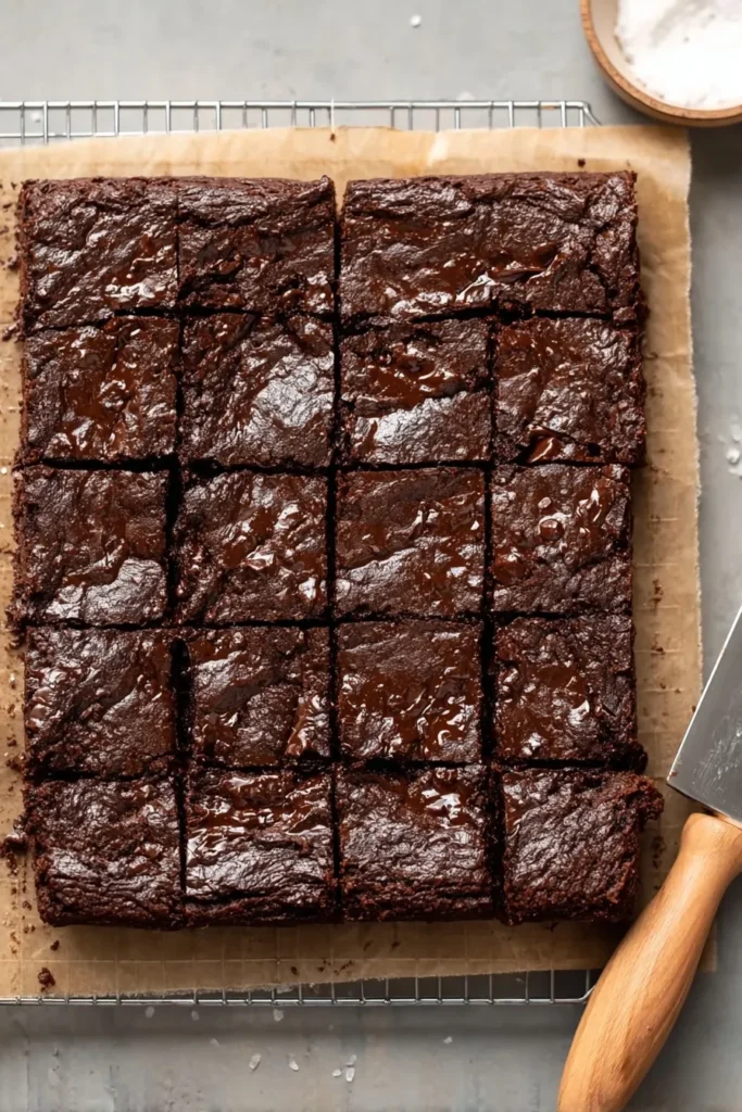 Overhead view of a batch of sliced vegan adaptable brownie recipe on parchment paper and a wire cooling rack, showing 16 fudgy squares with shiny tops, next to a wooden knife and a bowl of sea salt.