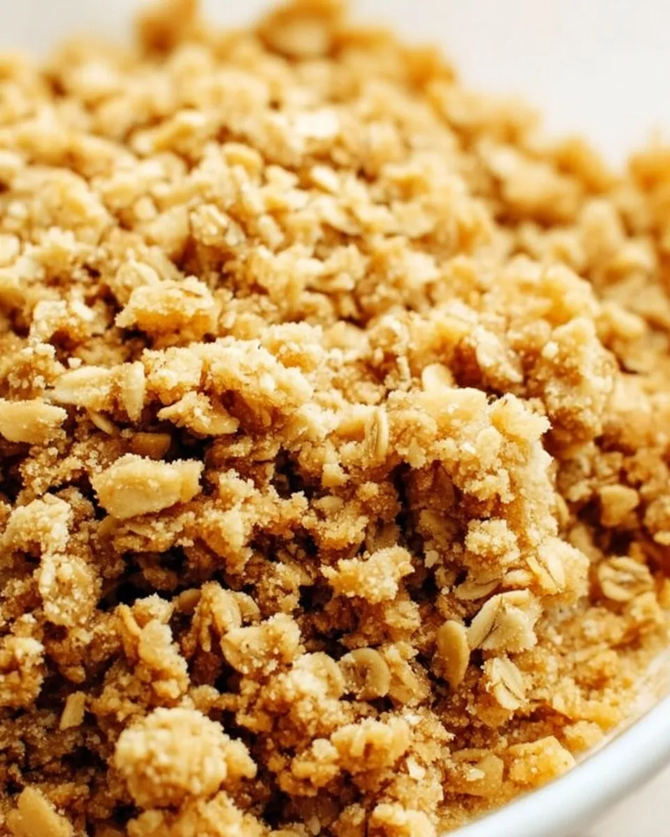 Close-up view of uncooked fruit crisp topping in a white bowl, showing a crumbly texture of rolled oats, brown sugar, and butter mixed into pea-sized clusters.
