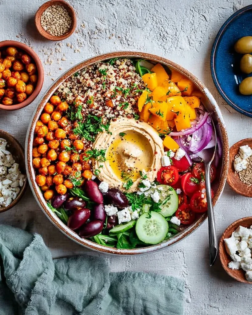 Top-down view of a Mediterranean protein bowl featuring crispy roasted chickpeas, tri-color quinoa, diced yellow bell peppers, red onion, cherry tomatoes, cucumbers, and kalamata olives, centered with a dollop of creamy hummus.