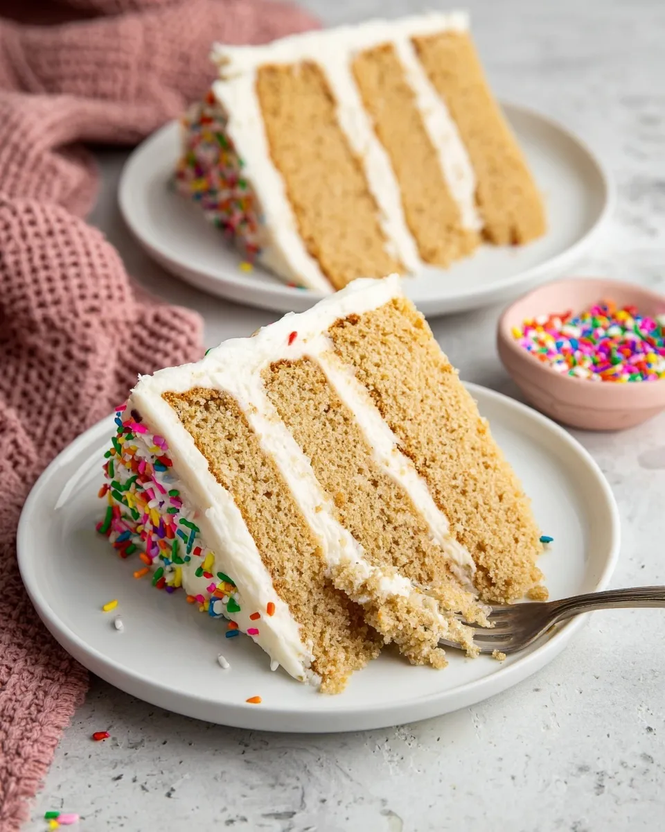 Close-up of a slice of healthy vanilla cake on a white plate, featuring three moist golden layers, white frosting, and rainbow sprinkles, with a fork taking a bite.