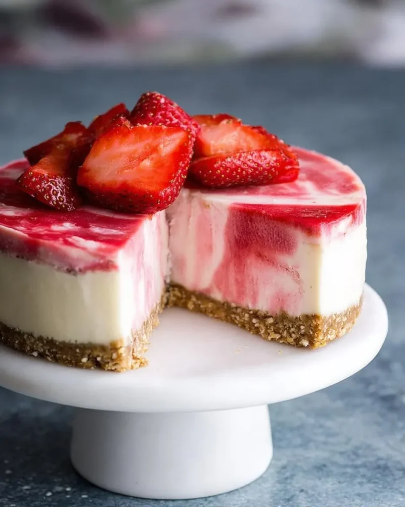 Side view of a whole vegan no-bake cheesecake on a white cake stand with a slice removed, revealing the creamy lemon and strawberry swirl interior. The cake sits on a nutty date crust and is topped with a pile of fresh strawberry slices.