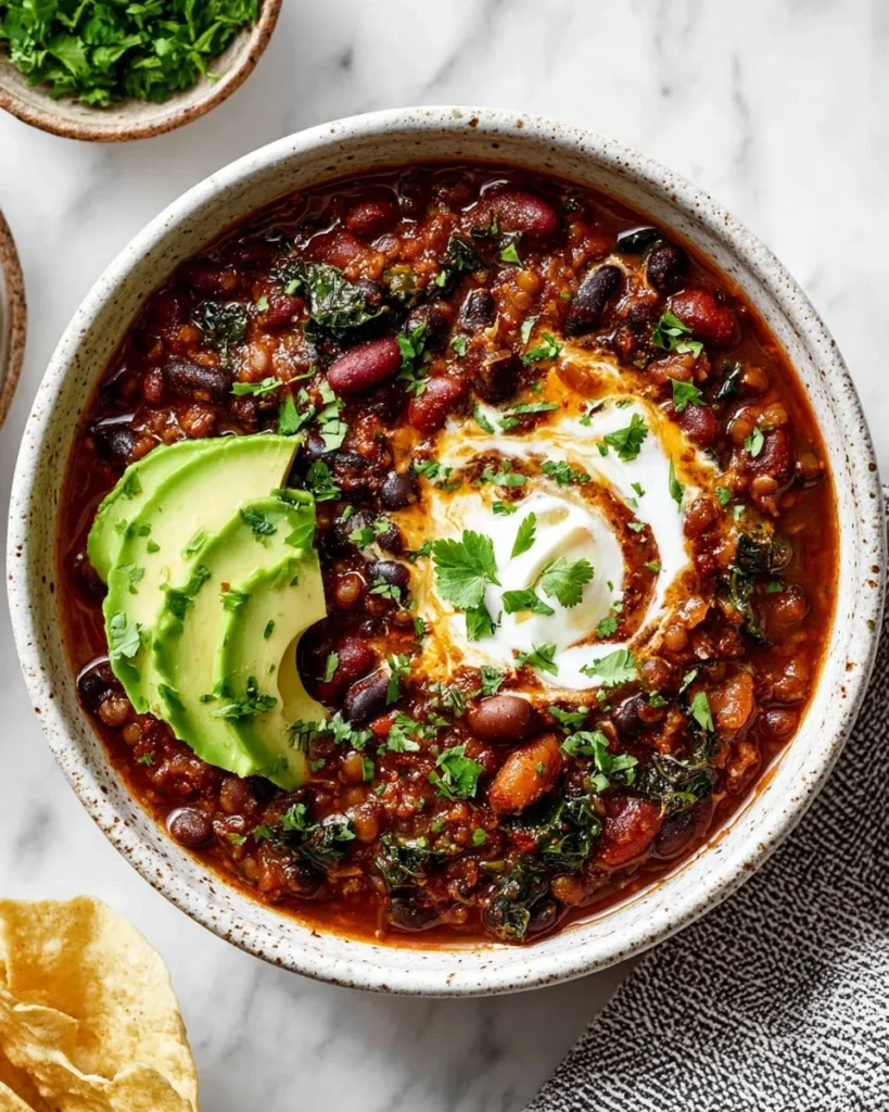 A top-down and close-up view of a high-protein bean and lentil chili bowl topped with sliced avocado, fresh cilantro, and a creamy white swirl, highlighting its rich, chunky texture.