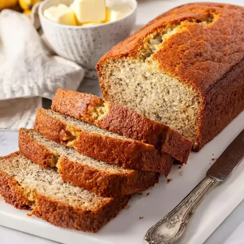 Sliced loaf of flexible banana bread on a white cutting board with a silver knife, bowl of butter cubes, and yellow bananas in the background.