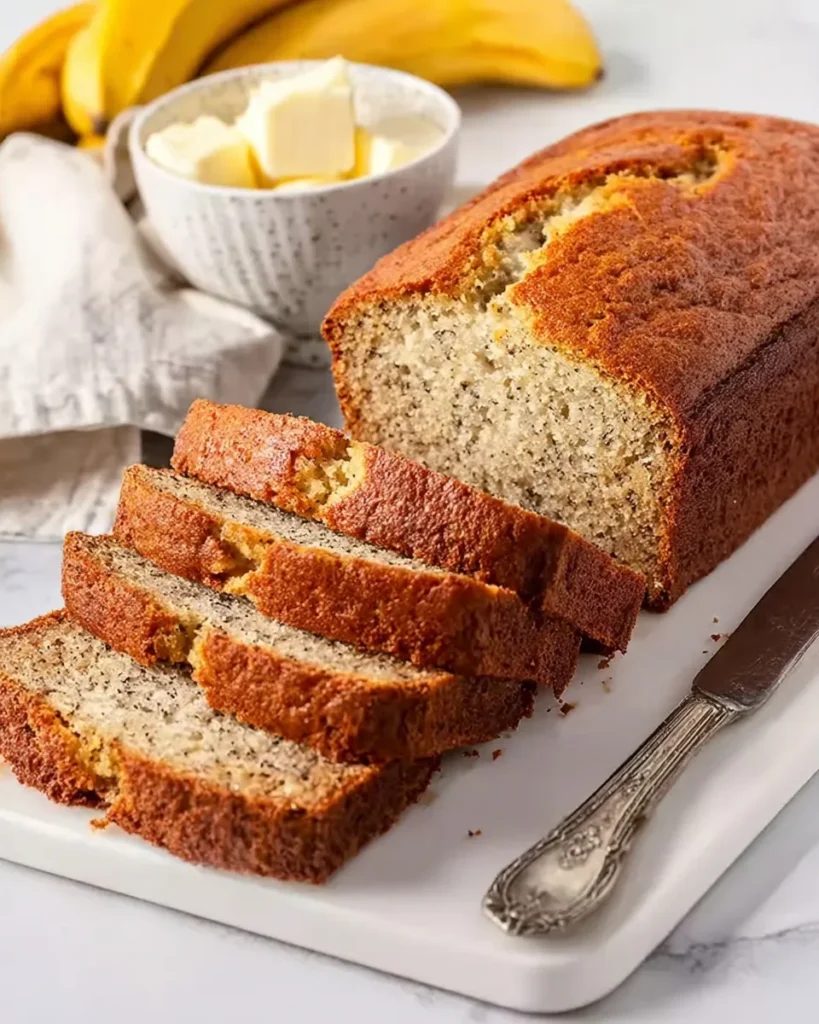 Sliced loaf of flexible banana bread on a white cutting board with a silver knife, bowl of butter cubes, and yellow bananas in the background.